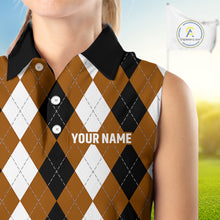 Load image into Gallery viewer, Women sleeveless polo shirt custom brown argyle plaid pattern golf attire for ladies NQS9848