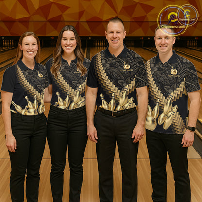 Custom Black and Gold tribal pattern Bowling Polo, 1/4 zip Shirts For Men, Team Bowling League jersey NQS11591