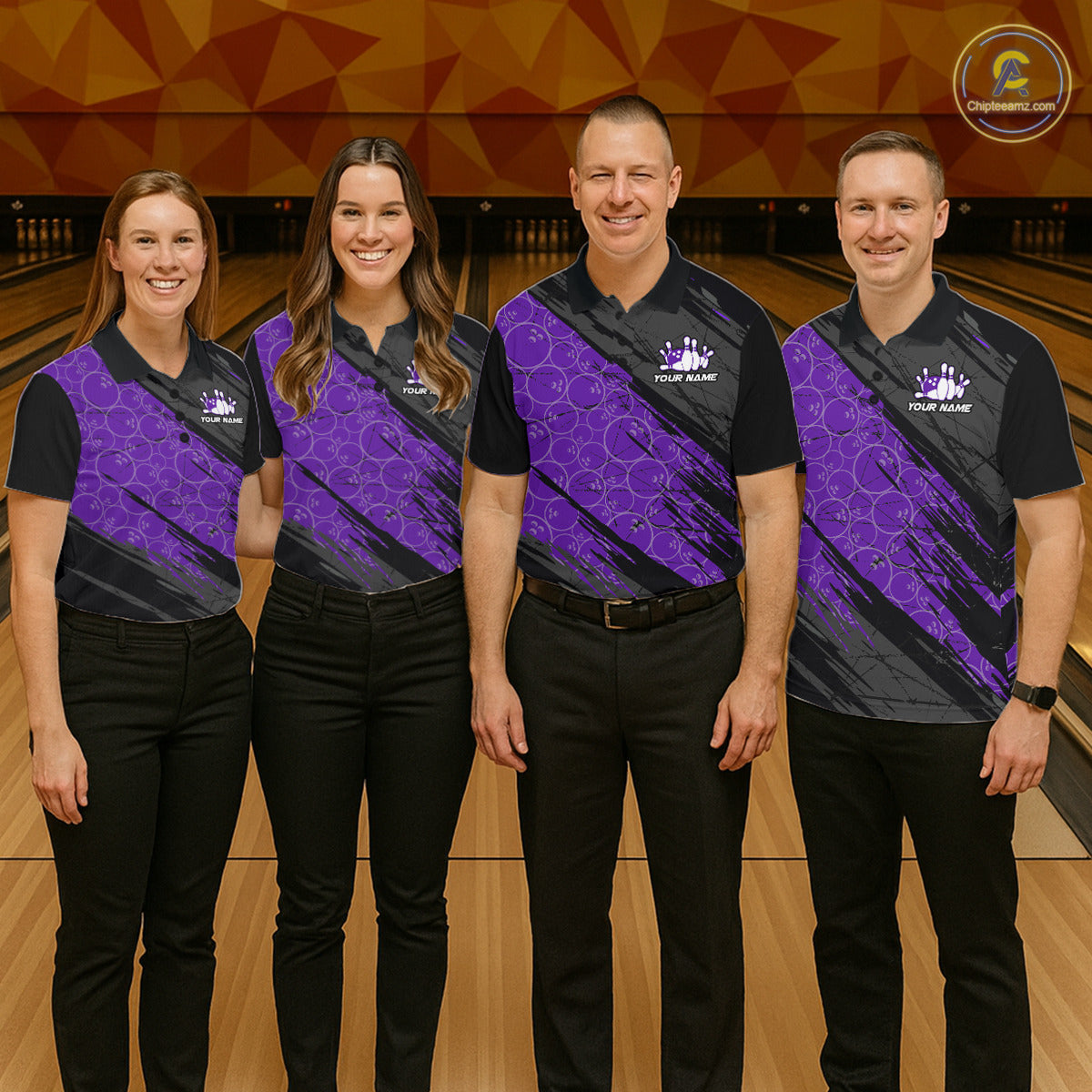Black and Purple Bowling Camo Polo, 1/4 Zip Shirts for Women Custom Bowling Team League Jerseys NQS11700