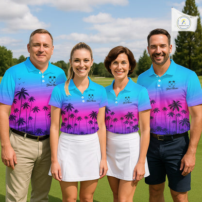 Pink Blue Neon Palm Pattern Womens Golf Polo Shirt Custom Golf Ball Blue Golf Tops, Golfer Gifts NHN0157