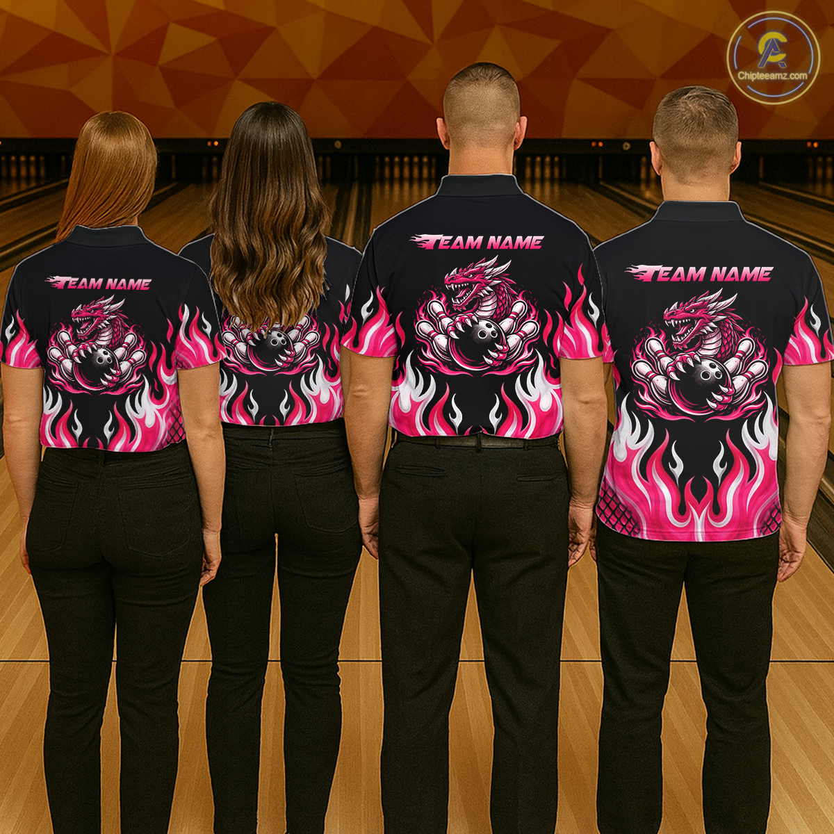 Black and Pink Flame Dragon Bowling Polo, 1/4 Zip Shirts For Men Custom Dragon Bowling Team Jerseys NQS11733