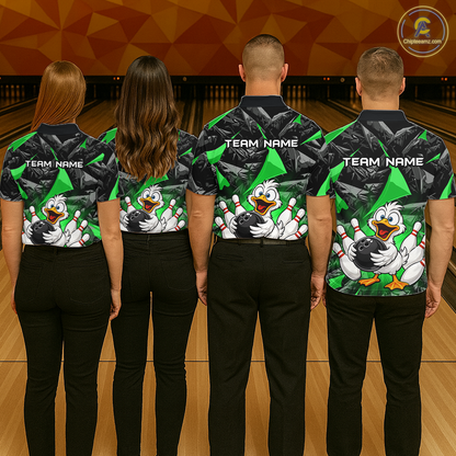 Custom Green Funny Duck Bowling Jersey for Women Bowling League Bowling Team Shirts Polo & 1/4 Zip HN233