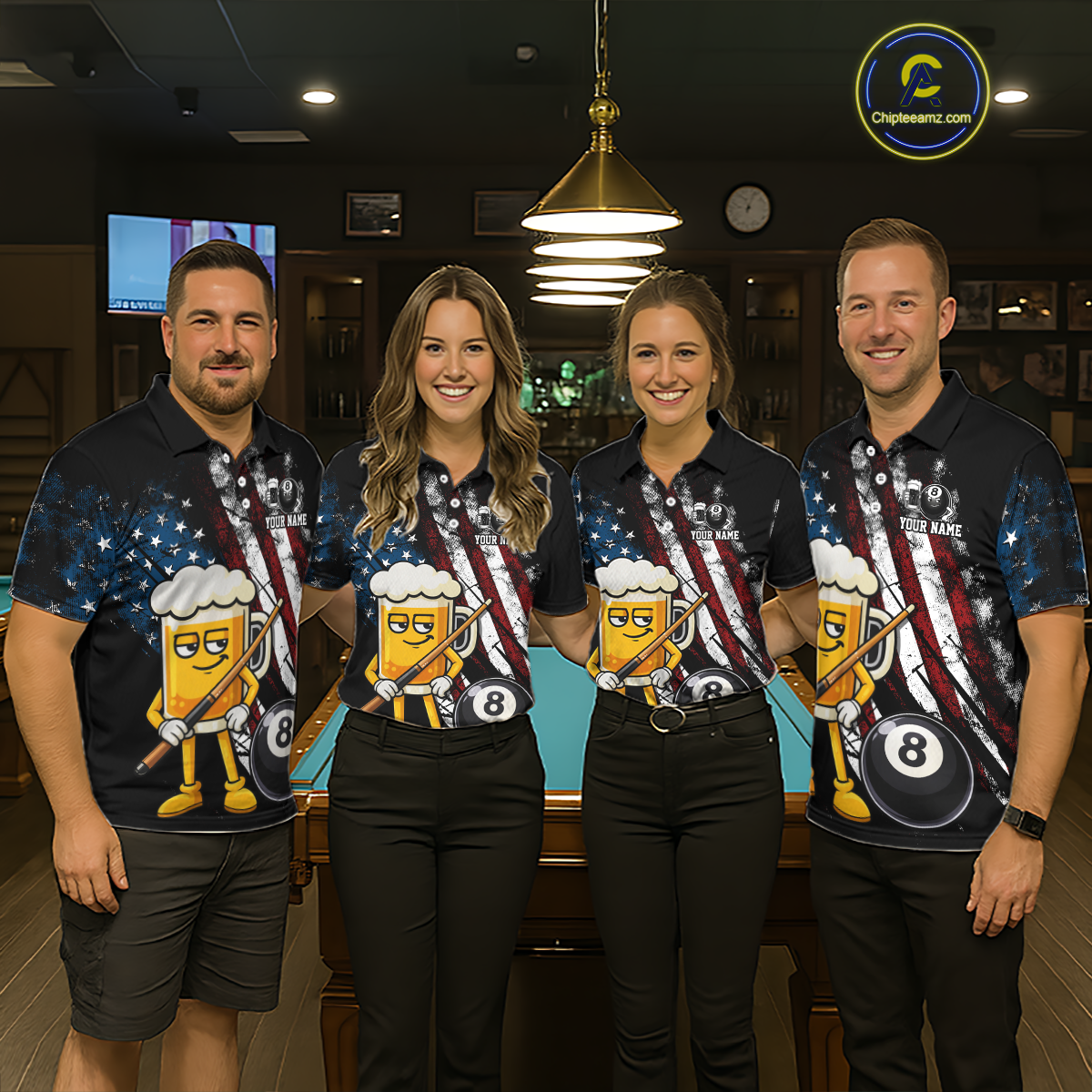 Custom Funny US Flag Beer 8 Ball Pool Women Billiard Polo & 1/4 Zip, Billiard Shirt, Billiard Team Jerseys NNT146