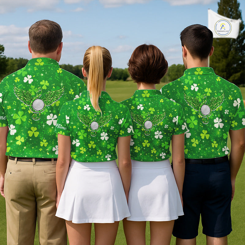 Womens Golf Polo Shirt Custom Green Music Angel Wing Golf Ball St Patricks Day Golf Shirts, Golf Gifts NHN0132