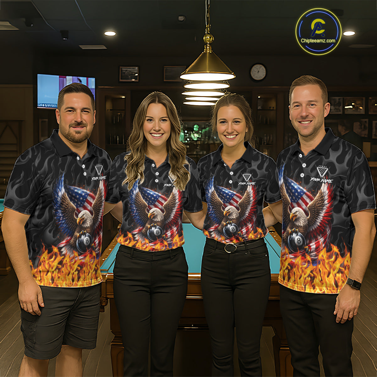 Personalized Fire Flame US Flag Eagle 8 Ball Pool Billiard Shirts For Men Patriotic Billiard Gifts NYN2793