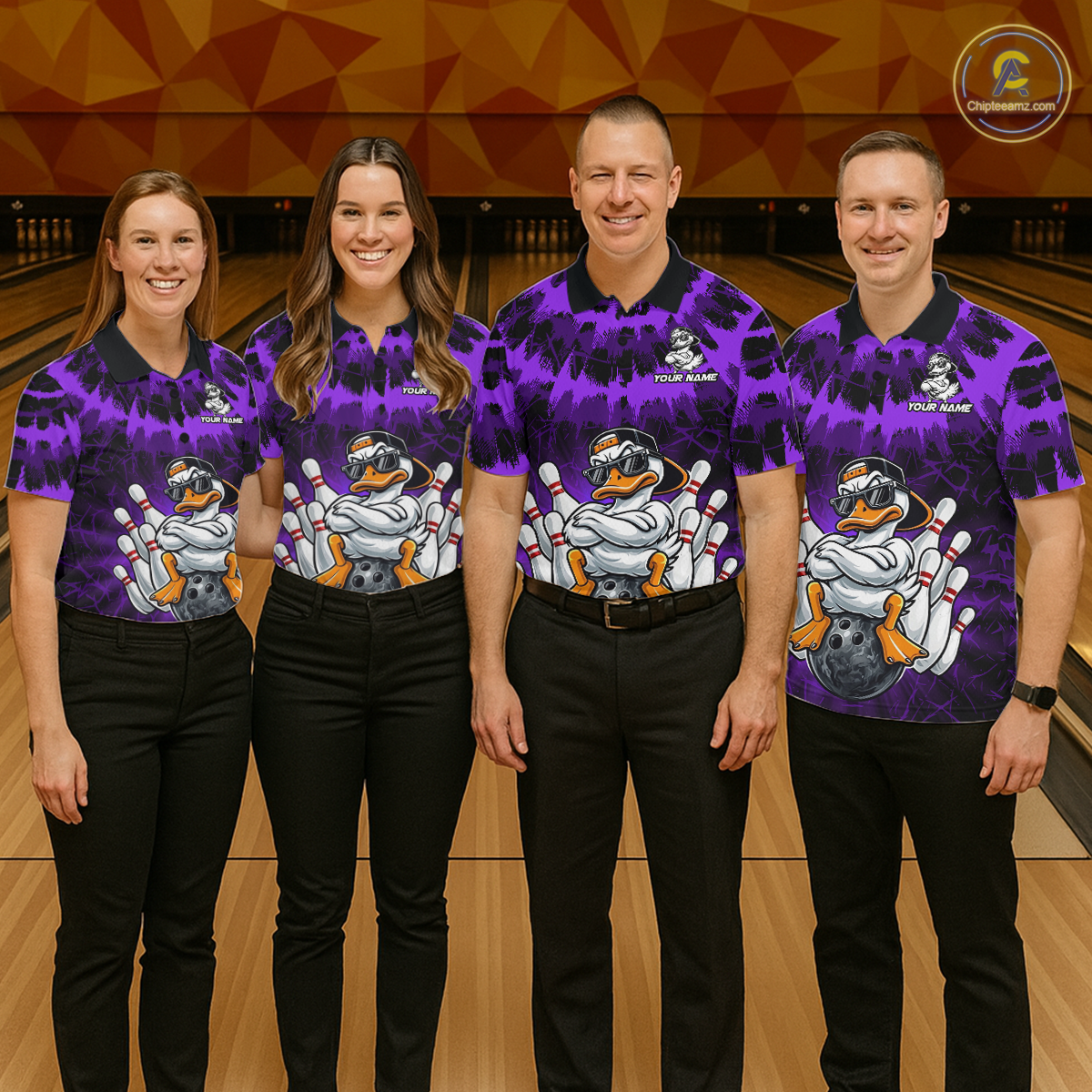 Custom Purple Funny Duck Bowling Jersey for Men Bowling Uniform Polo & 1/4 Zip Bowling Team Shirts HNT238