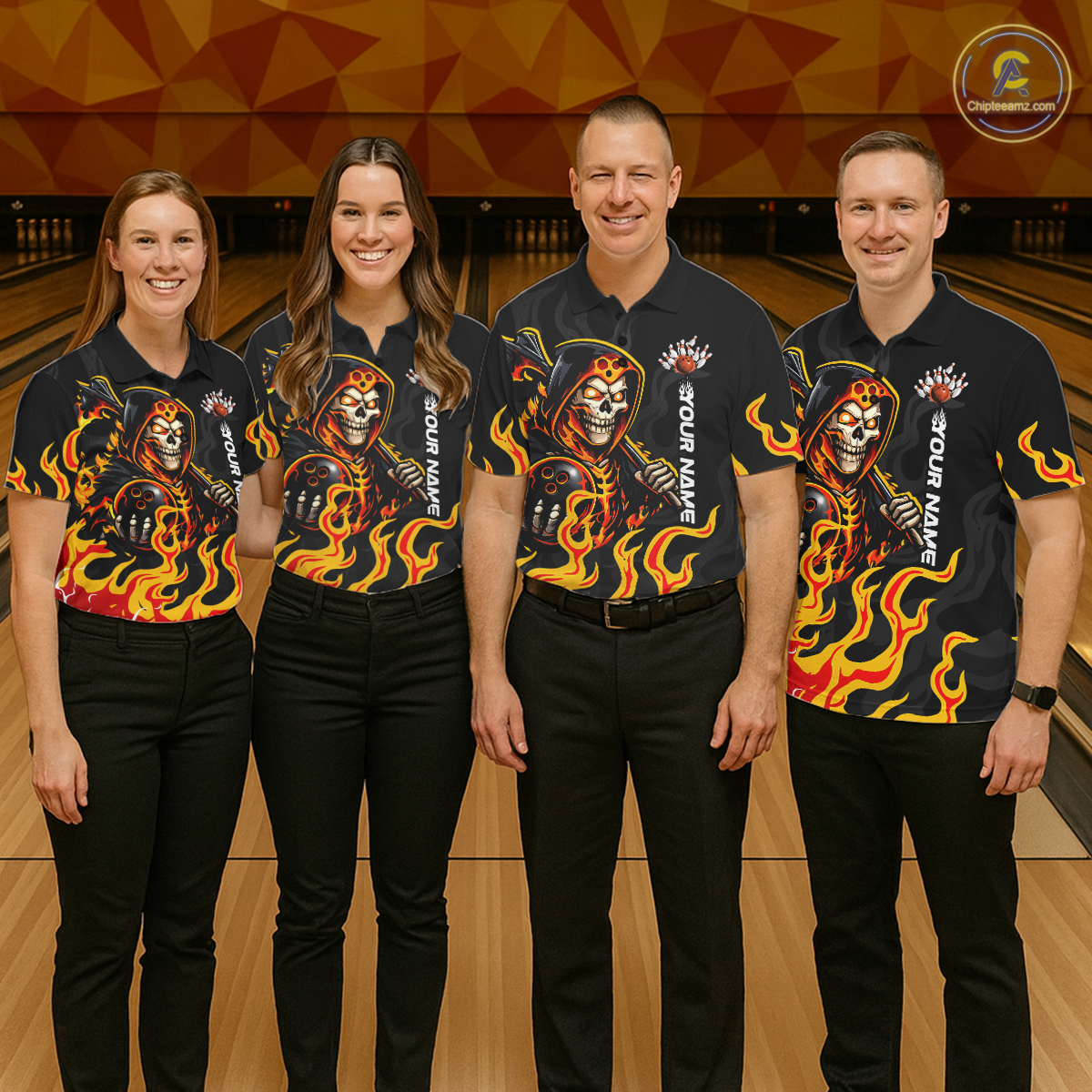 Custom Orange Flame Skull Bowling Shirt for Men Bowling Jersey League Bowling Gifts QZT842