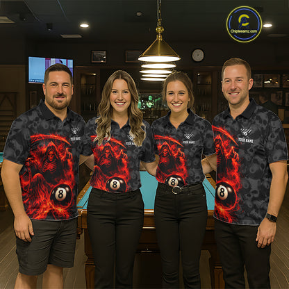 Personalized Red Flaming Grim Reaper 8 Ball Pool Billiard Shirts For Women Billiard Attire Gifts NYN2792
