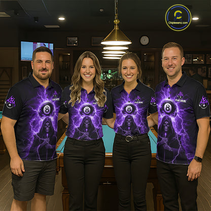 Grim Reaper Thunder Purple 8 Ball Pool Women Polo & 1/4-Zip Shirt Custom Billiards Ball Jerseys NYN2432