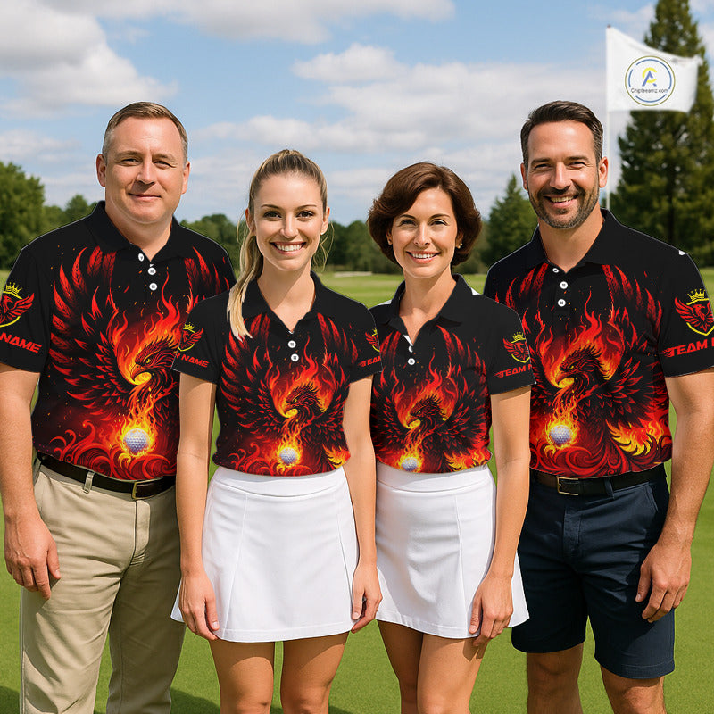 Womens Golf Polo Shirt Custom Phoenix Red Flame Team Golf Tops, Black Golf Outfit For Ladies NHN0084