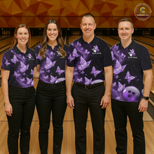Load image into Gallery viewer, Custom Purple Galaxy Butterflies Bowling Shirt for Women Butterfly Bowling Team Jersey Bowling League HNT277