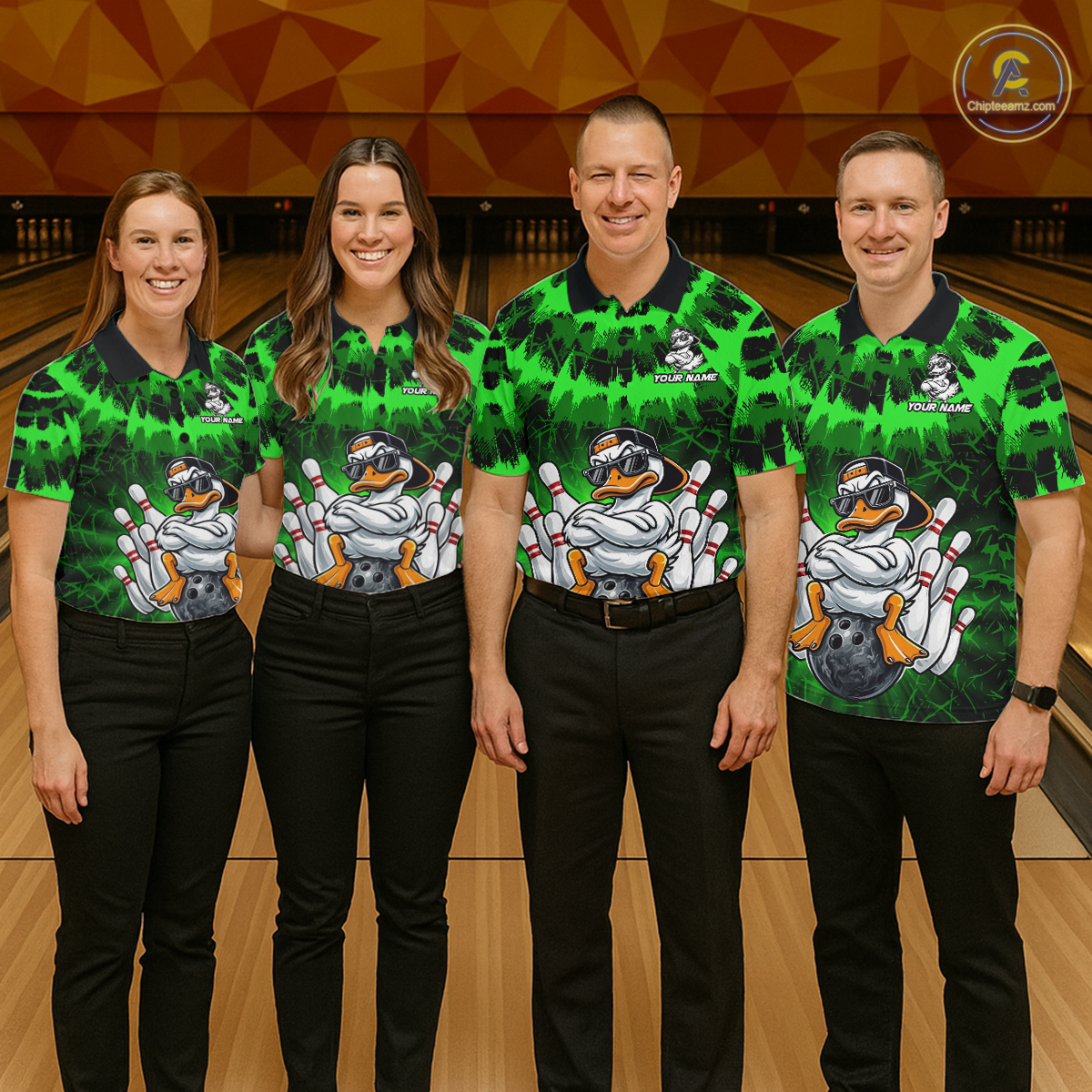 Custom Green Funny Duck Bowling Jersey for Men Bowling Uniform Polo & 1/4 Zip Bowling Team Shirts HNT238