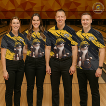 Load image into Gallery viewer, Custom Funny Cat Yellow Bowling Jersey for Men Bowling Polo &amp; 1/4 Zip Bowling Team Shirts HNT198