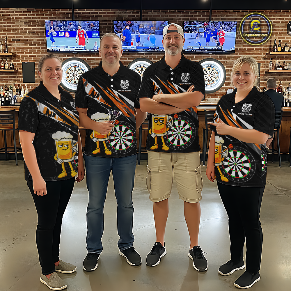 Custom Orange Funny Beer Dart Shirts for Men Darts Team Jerseys Dart Tournament Polo & 1/4 Zip NNT139