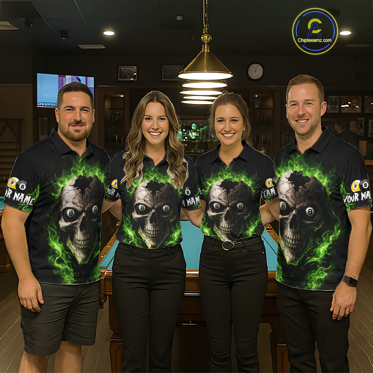 Green Flaming Cracked Skull 8 Ball & 9 Ball Pool Billiard Shirt For Men Custom Billiard Apparel NYN2635