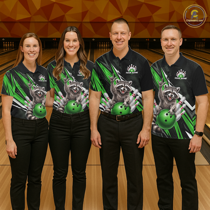 Custom Green Raccoon Bowling Jersey for Women Bowling Team Shirts Bowling Polo & 1/4 Zip HNT254