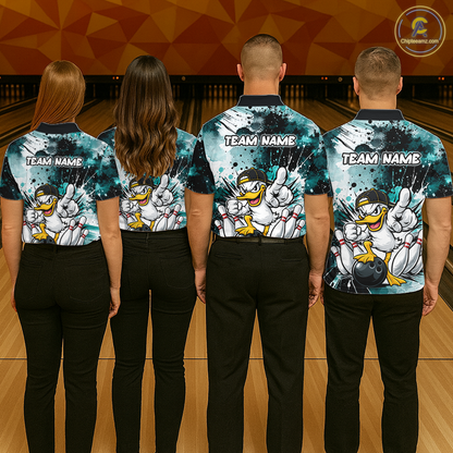 Custom Watercolor Teal Duck Bowling Jersey for Men Bowling Team Shirts Polo & 1/4 Zip HNT239