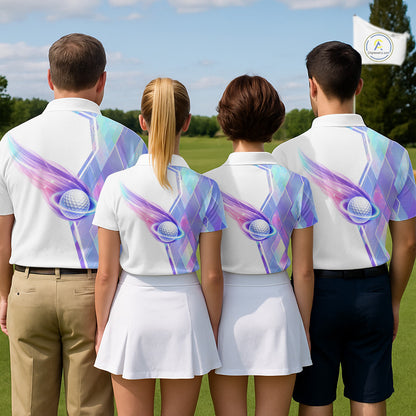Womens Golf Polo Shirt Violet Square Plaid Pattern Custom Flame Golf Ball Golf Tops For Ladies NHN0204