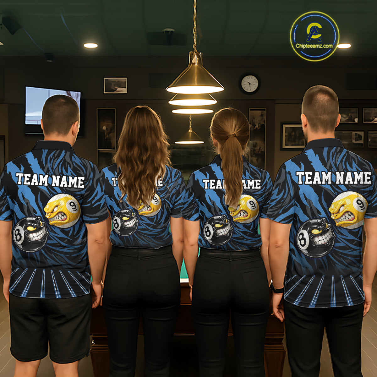 Funny 8 Ball & 9 Ball Billiard Polo & 1/4 Zip For Women Custom Pool Cue Pattern Billiard Jerseys |Blue NYN3018
