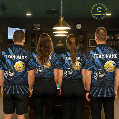 Funny 8 Ball & 9 Ball Billiard Polo & 1/4 Zip For Women Custom Pool Cue Pattern Billiard Jerseys |Blue NYN3018