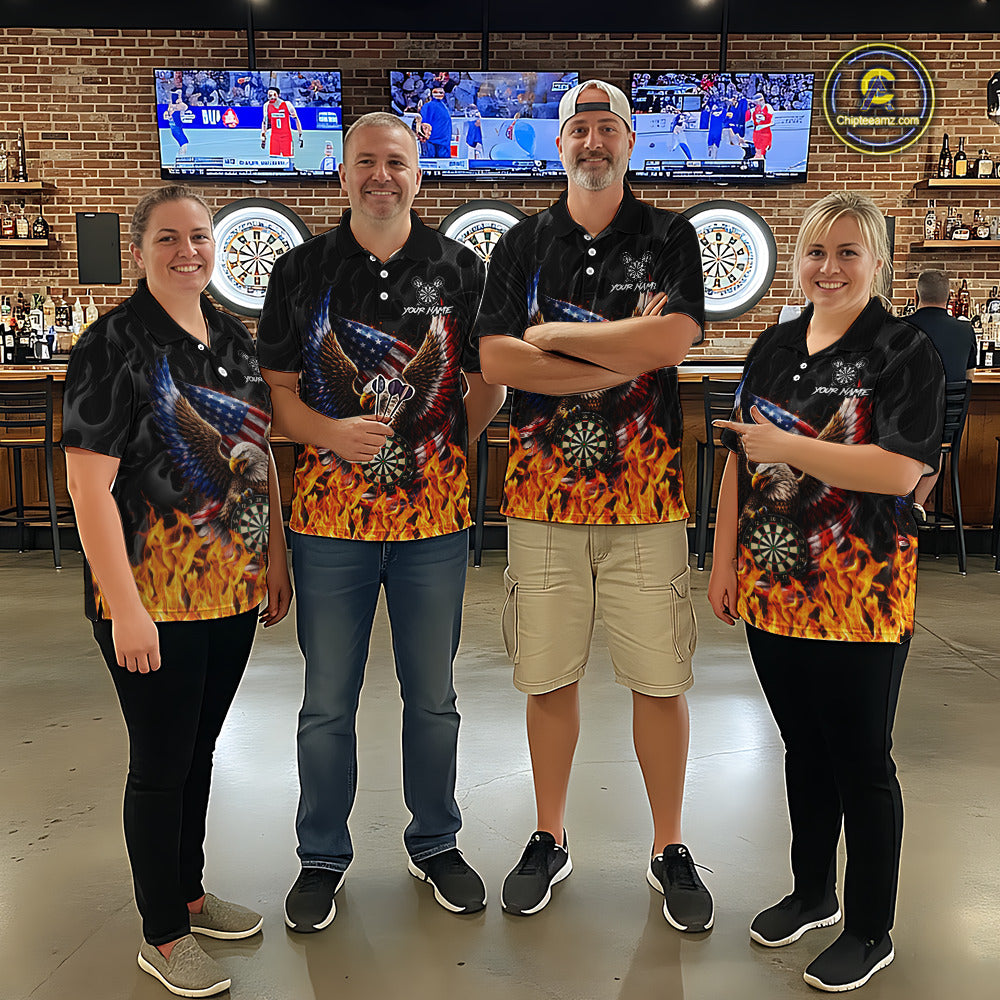 Personalized Fire Flame US Flag Eagle Dart Polo & 1/4-Zip Shirts For Men Patriotic Dart Gifts NYN2795