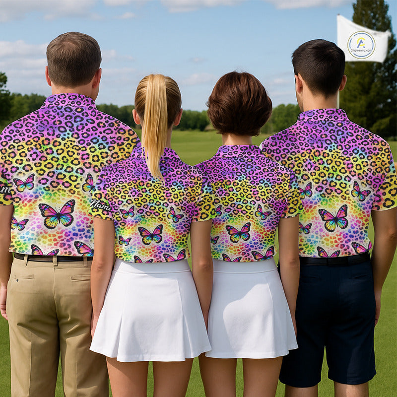 Womens Golf Polo Shirt Colorful Rainbow Leopard Print Custom Butterfly Team Ladies Golf Tops NHN0180