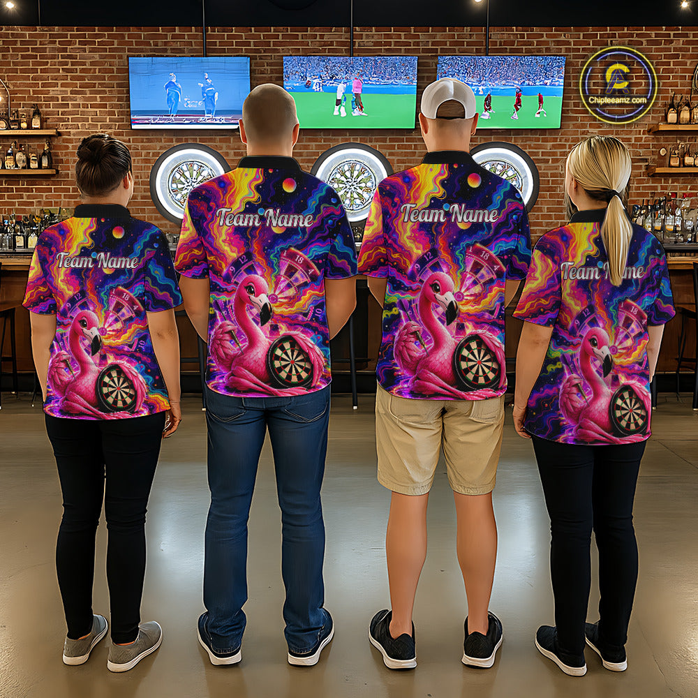 Personalized Cute Flamingo Dart Polo & Quarter Zip Shirt For Men Colorful Rainbow Paint Darts Jersey NYN2869