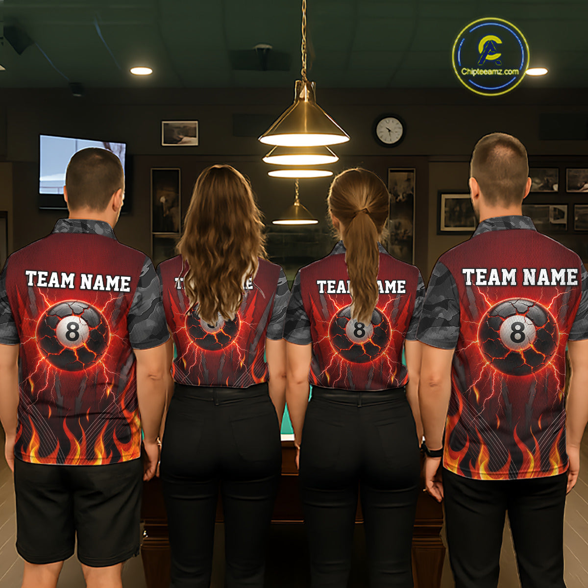 Personalized 8 Ball Red Flames Pool Billiard Polo & 1/4 Zip For Men Custom Camo Billiard Team Jerseys NYN3011