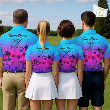 Pink Blue Neon Palm Pattern Womens Golf Polo Shirt Custom Golf Ball Blue Golf Tops, Golfer Gifts NHN0157