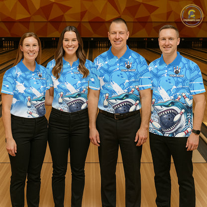 Blue Bowling Camo Angry Shark Bowling Polo, 1/4 Zip Shirts for Men Custom Shark Team Bowling Jerseys NQS11605