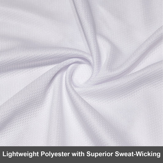Lightweight polyester performance fabric with a breathable mesh texture and superior sweat-wicking properties.