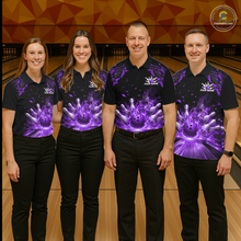 Load image into Gallery viewer, Custom Purple Flame Bowling Team Shirt for Men Polo &amp; 1/4-Zip Bowling Jersey Bowling League Uniform QZT866