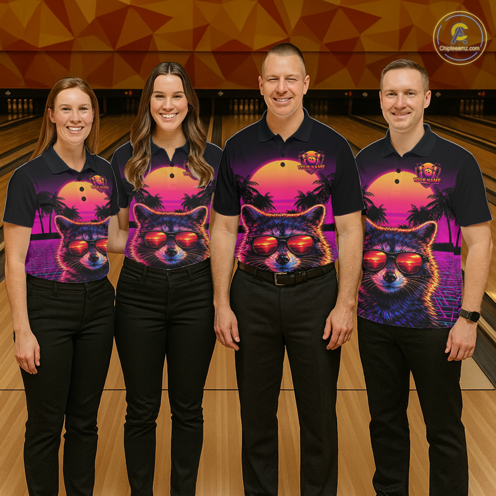 Custom Funny Raccoon Retro Sunset Bowling Jersey for Women Bowling Uniform Bowling Team Shirts HNT280