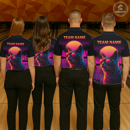 Custom Funny Cat Retro Sunset Bowling Jersey for Women Bowling Uniform Bowling Team Shirts HNT279