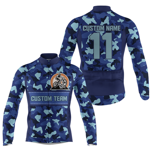 Mens MTB cycling jersey with 3 pockets UPF50+ Blue camo road bike shirt Mountain bike gear| SLC90