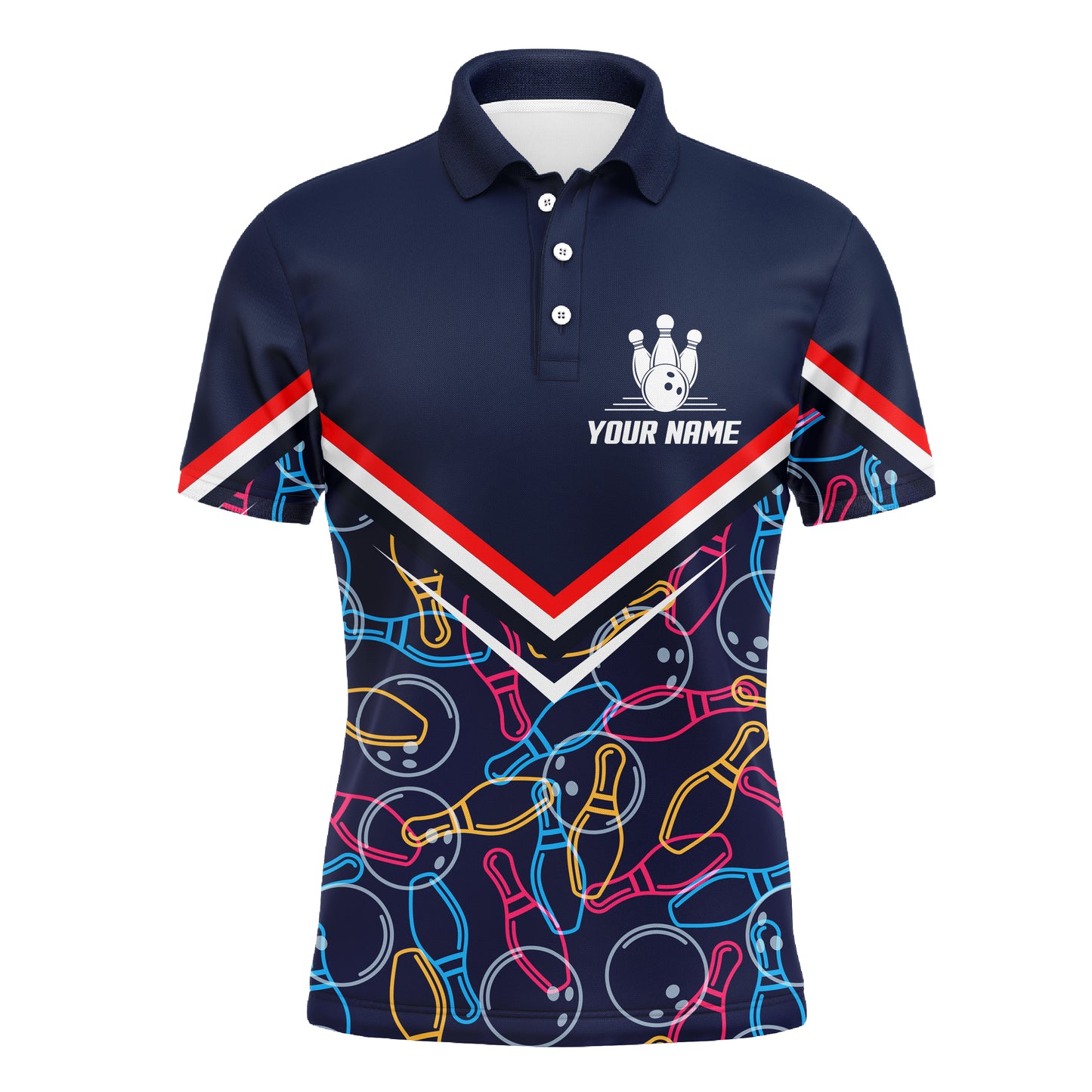Custom Men Polo Bowling Shirt Navy Blue Bowling Pins and Ball Pattern Short Sleeve Men Bowlers NBP05