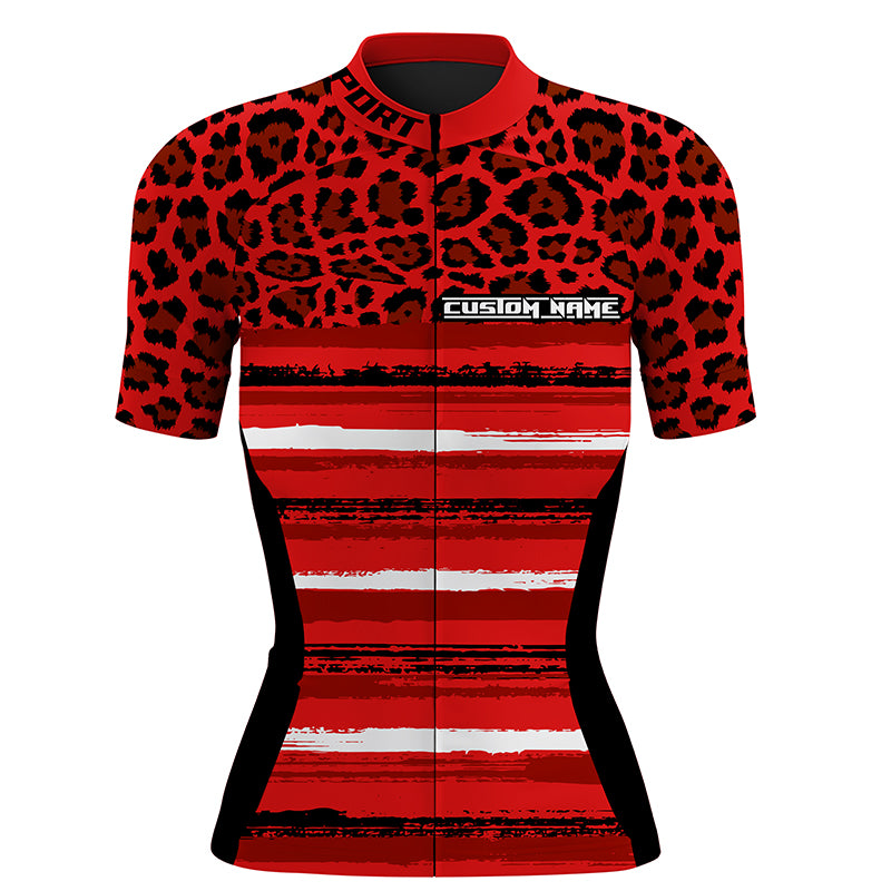 Red leopard cycling jersey Women short sleeve bike clothing Full zipper biking tops with 3 pockets| SLC197