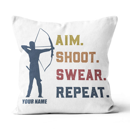 Funny Vintage Archery Aim Shoot Swear Repeat Custom Name White Pillow TDM0755