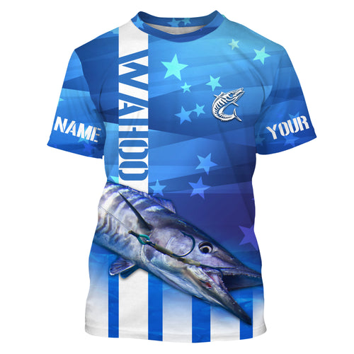 Wahoo Fishing Custom Blue Long sleeve performance Fishing Shirts, Wahoo Fishing apparel TMTS016