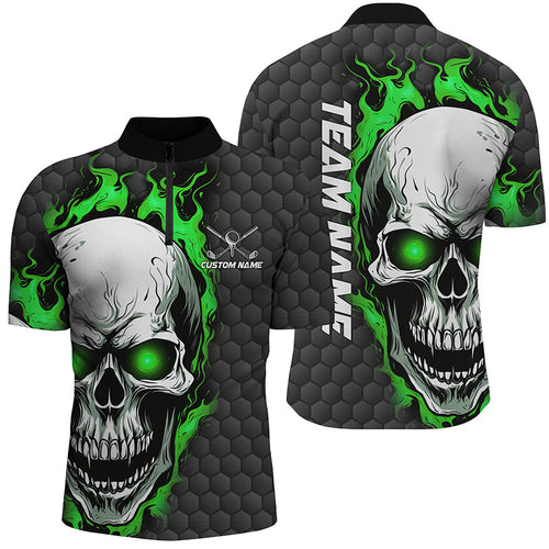 Green Skull Custom Men Quarter Zip Golf Shirts For Tournaments Golf Pattern Golf Apparel Outfits IPHW5408