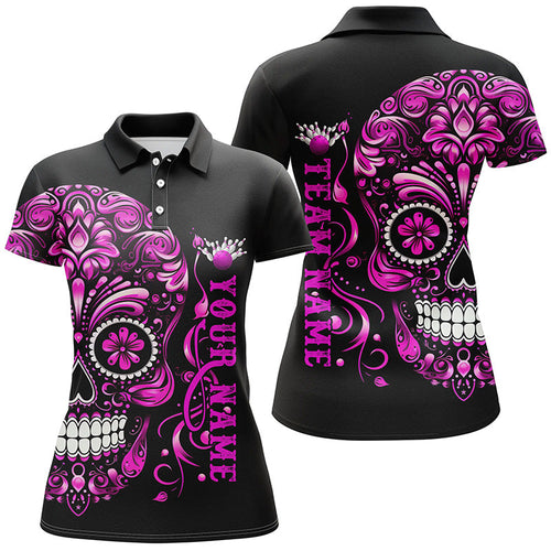 Pink Sugar Skull Tattoo Custom Women'S Bowling Polo Shirts, Halloween Team Bowling Jerseys IPHW5244