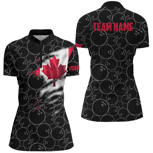 Canada Bowling Quarter Zip Shirts For Women, Custom Canadian Flag Bowling Team Jersey IPHW5257