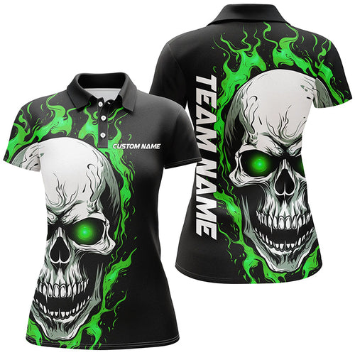 Green Flame Skull Sport Jerseys, Custom Team Bowling Polo Shirts For Women, Bowler Outfits IPHW5269