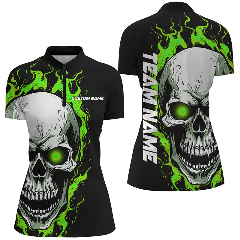 Green Flame Skull Women Sport Jerseys, Custom Team Bowling Ladies Quarter Zip Shirts IPHW5270