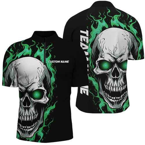 Sea Foam Green Flame Skull Sport Jerseys, Custom Team Bowling Quarter Zip Shirts For Men IPHW5271