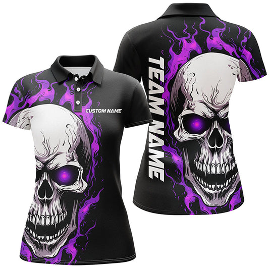 Purple Flame Skull Sport Jerseys, Custom Team Bowling Polo Shirts For Women, Bowler Outfits IPHW5273