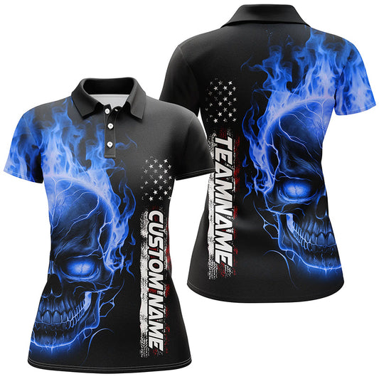 Blue Flame Skull Custom Bowling Polo Shirts For Women,  American Bowling Team Jerseys IPHW5277