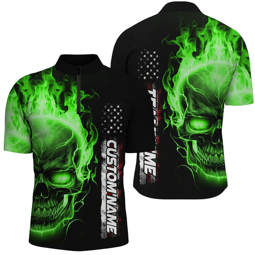 Green Flame Skull Custom Bowling Quarter Zip Shirts For Men,  American Bowling Team Jerseys IPHW5278