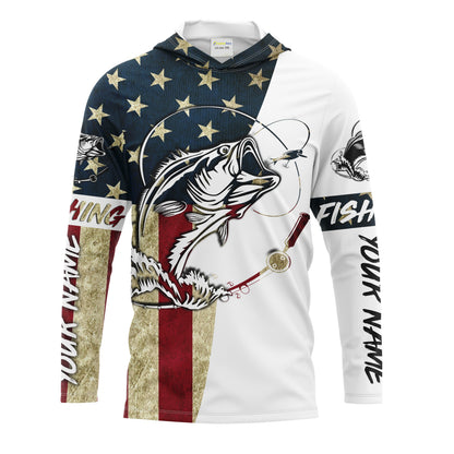 Personalized Bass Fishing American Flag Long Sleeve Fishing Shirts, Patriotic Fishing gifts - IPHW1076
