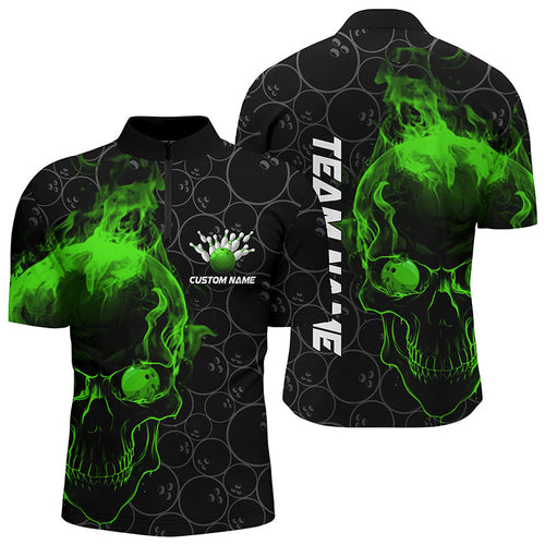 Personalized Green Skull Men Bowling Quarter Zip Shirts Team Bowling Jerseys Bowlers Outfit IPHW5416